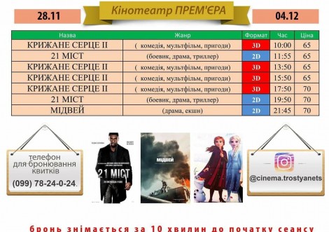 Світові кінопрем'єри у Тростянці (розклад сеансів на тиждень)